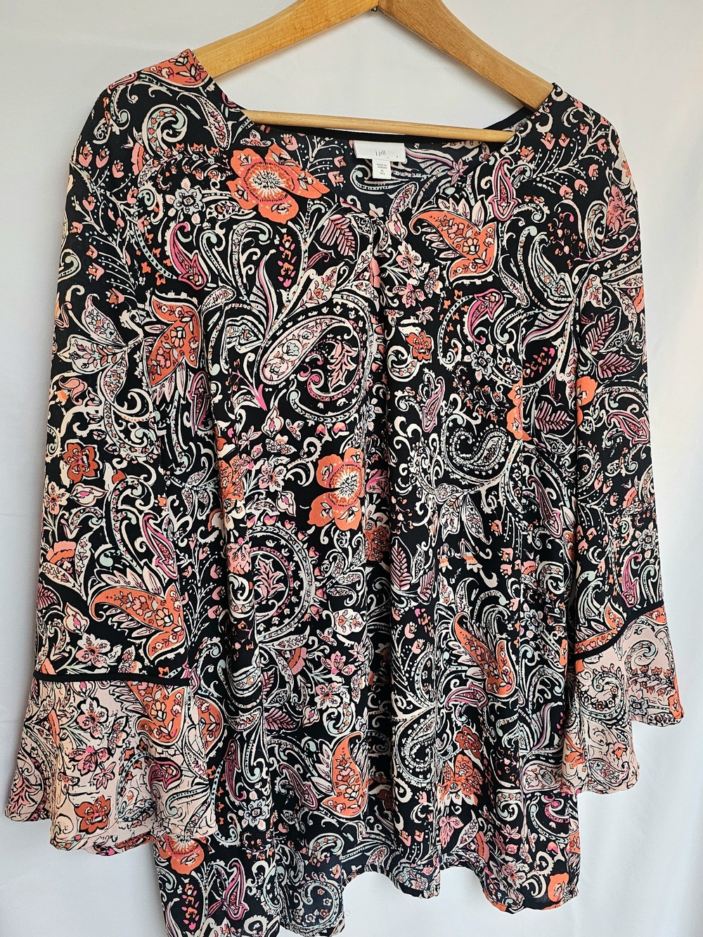 J. Jill Black Paisley Floral A-Line Skirt with Coral and Cream Accents